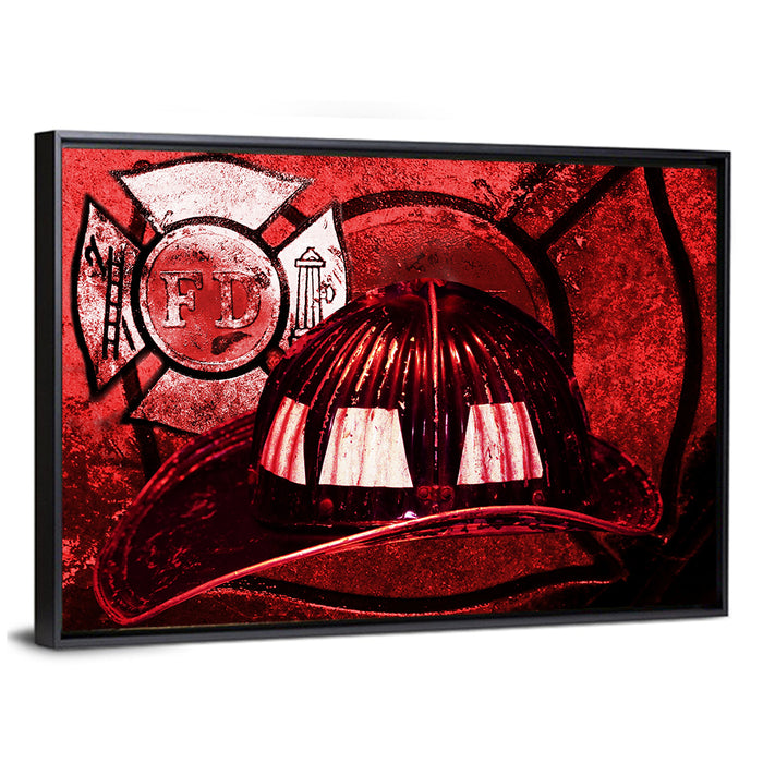 Vintage Fire Helmet with Maltese Cross Wall Art as a framed canvas