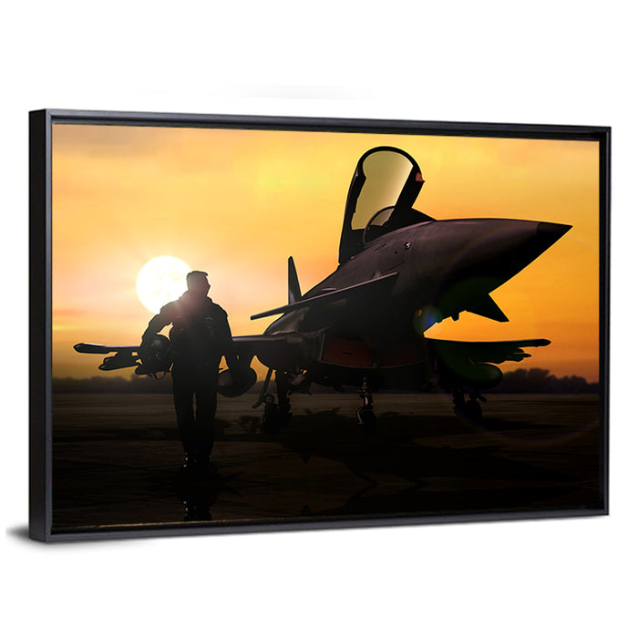 Pilot and Fighter Jet at Sunset Wall Art as a framed canvas