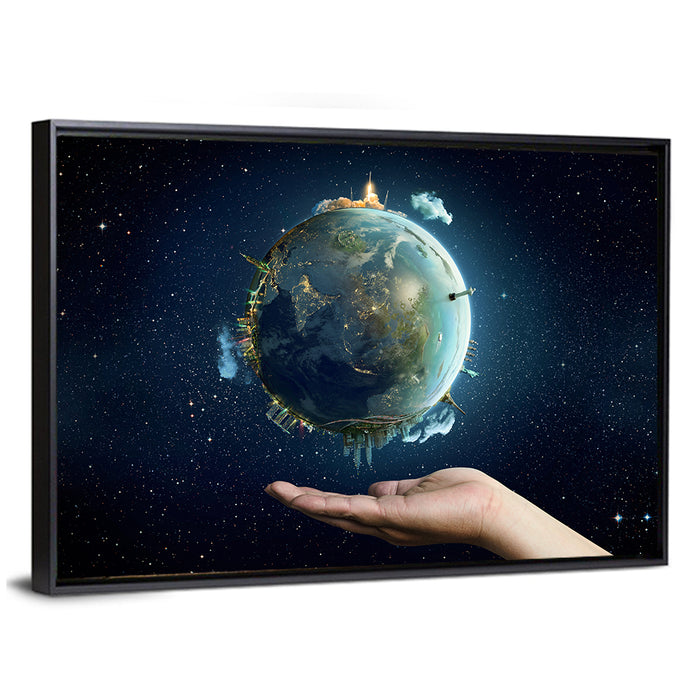 Earth Cradled in Palm with City Lights Wall Art as a framed canvas