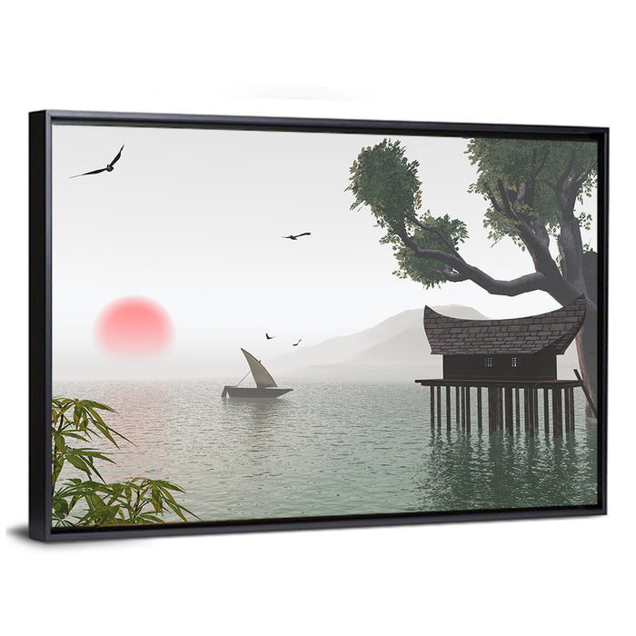 Red Sun Over Japanese Lake Wall Art as a framed canvas
