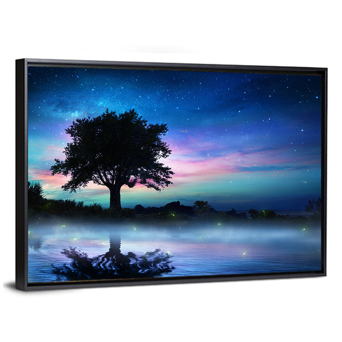 Lonely Tree Under Starry Sky Wall Art as a framed canvas