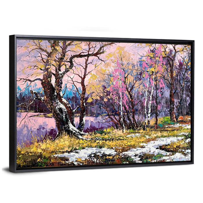Autumn Lake with Pink Reflection Wall Art as a framed canvas