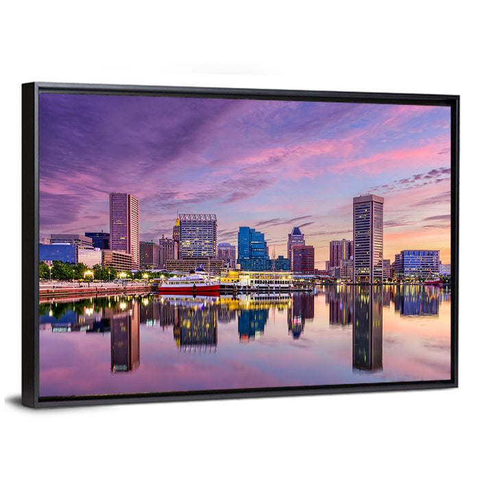 Baltimore Inner Harbor Skyline Wall Art as a framed canvas