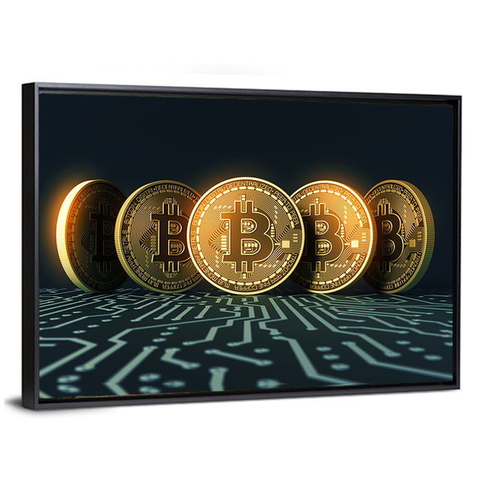 Five Golden Bitcoins on Circuit Board Wall Art as a framed canvas
