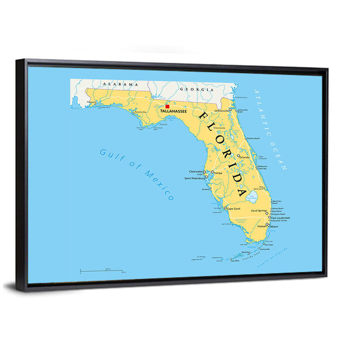 Florida Political Map, Blue and Yellow Wall Art as a framed canvas