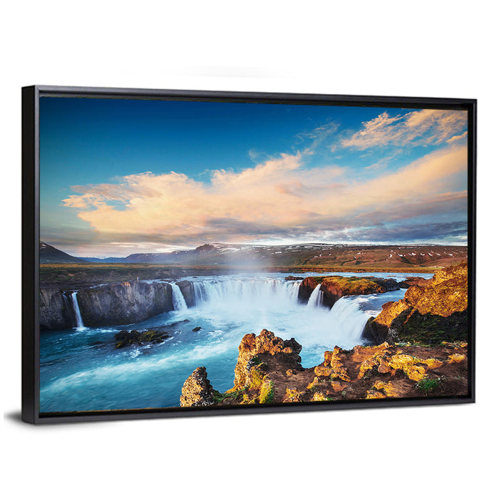 Godafoss Waterfall at Golden Hour Wall Art as a framed canvas