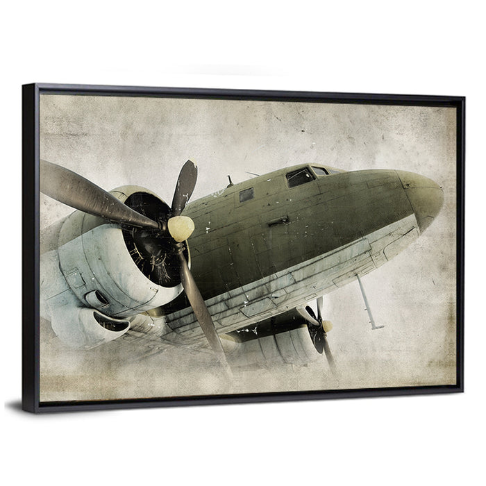 Low Angle Vintage Propeller Airplane Wall Art as a framed canvas