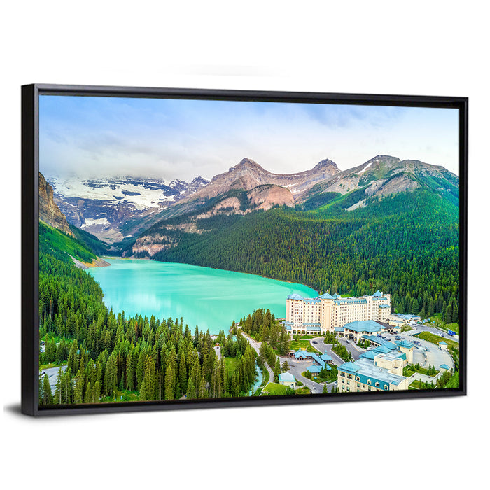 Lake Louise Aerial View Wall Art as a framed canvas