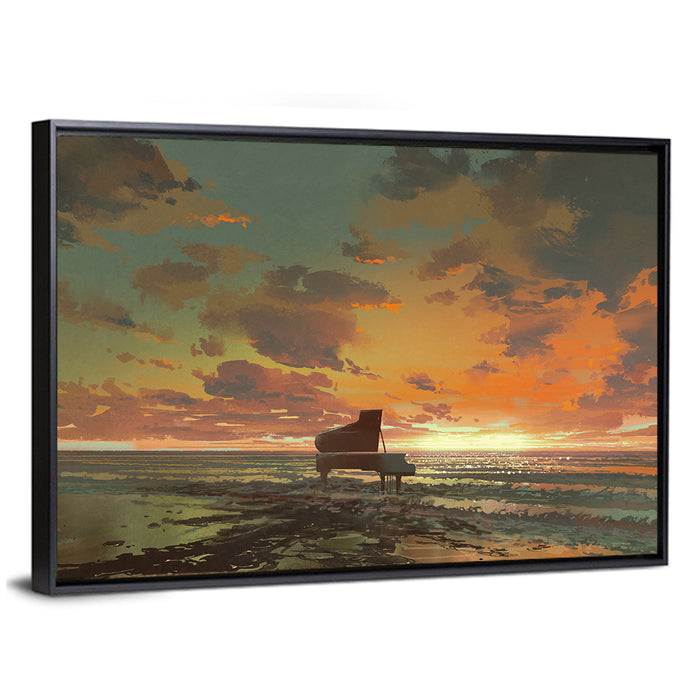 Piano on the Beach at Sunset Wall Art as a framed canvas