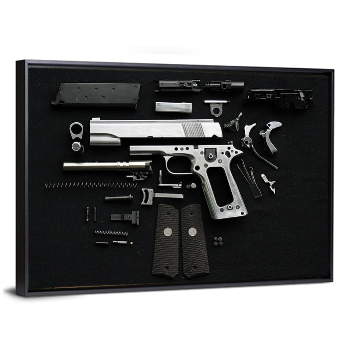 Exploded Pistol Study Wall Art as a framed canvas