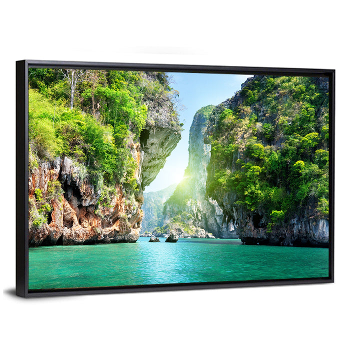 Krabi Cliffs and Teal Sea Wall Art as a framed canvas