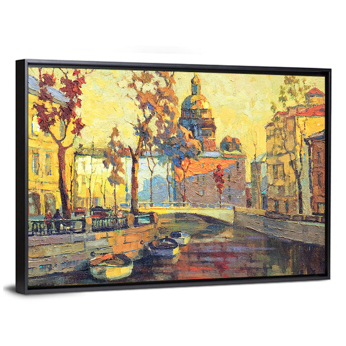 St Petersburg Golden Canal Wall Art as a framed canvas