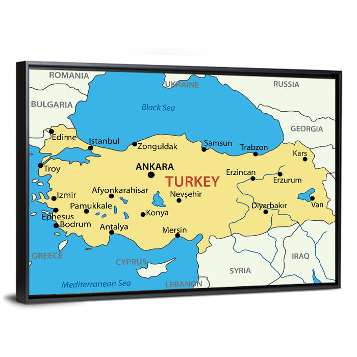 Republic of Turkey Map Wall Art as a framed canvas
