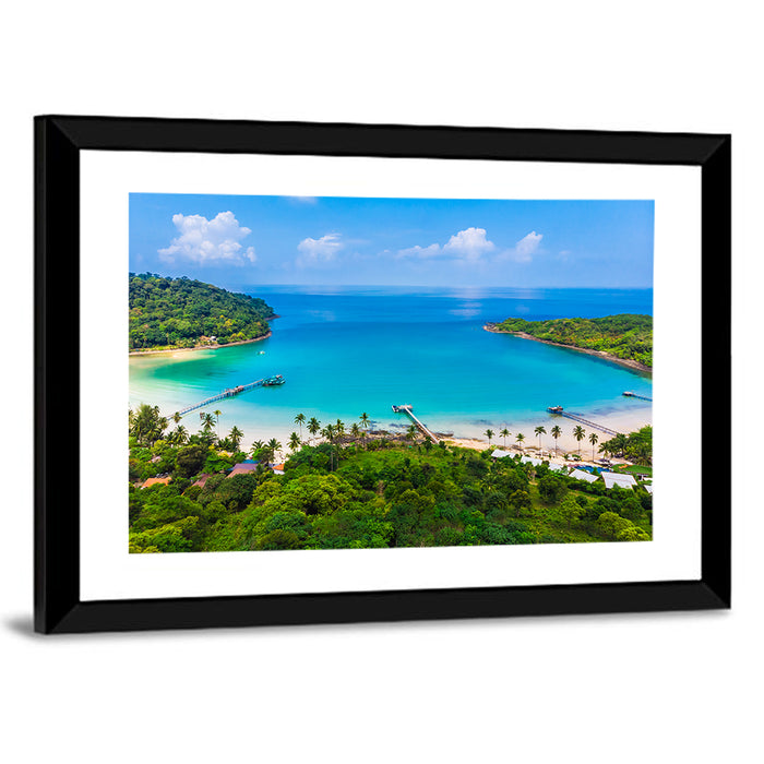Tropical Bay with Wooden Piers Wall Art as a framed print