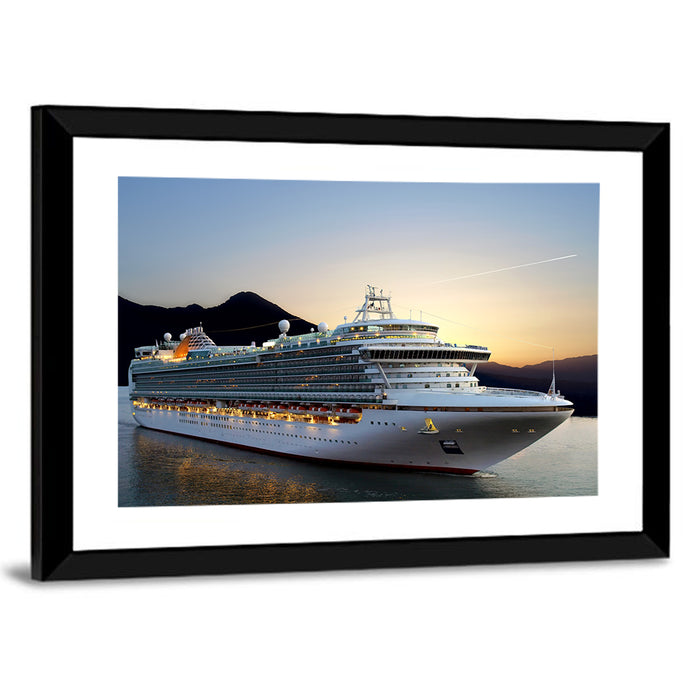 Cruise Ship at Sunset Wall Art as a framed print