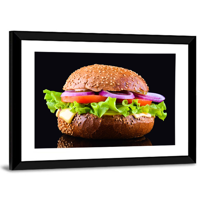 Sesame Bun Vegetarian Burger Wall Art as a framed print