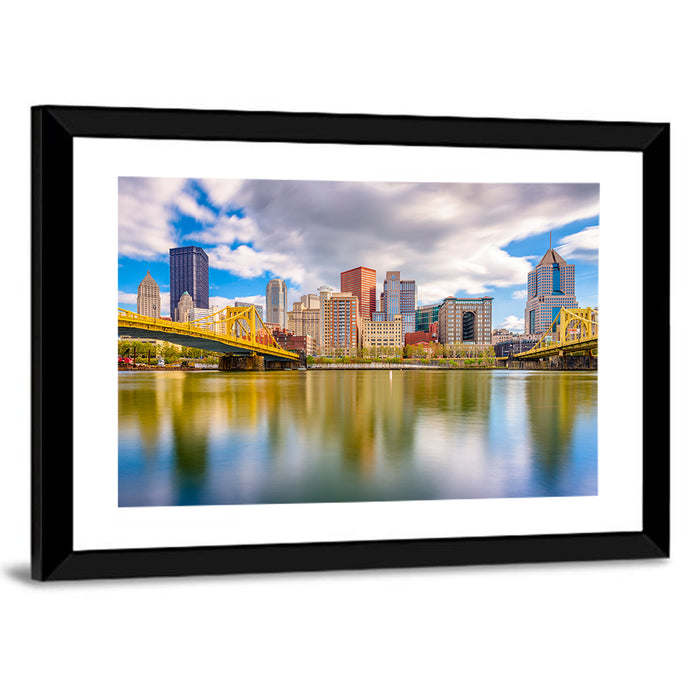 Pittsburgh Skyline with Roberto Clemente Bridge Wall Art as a framed print