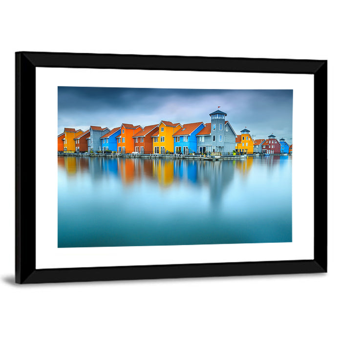 Colorful Waterfront Houses Wall Art as a framed print
