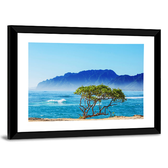 Hawaiian Coastal Tree on Rocky Shore Wall Art as a framed print