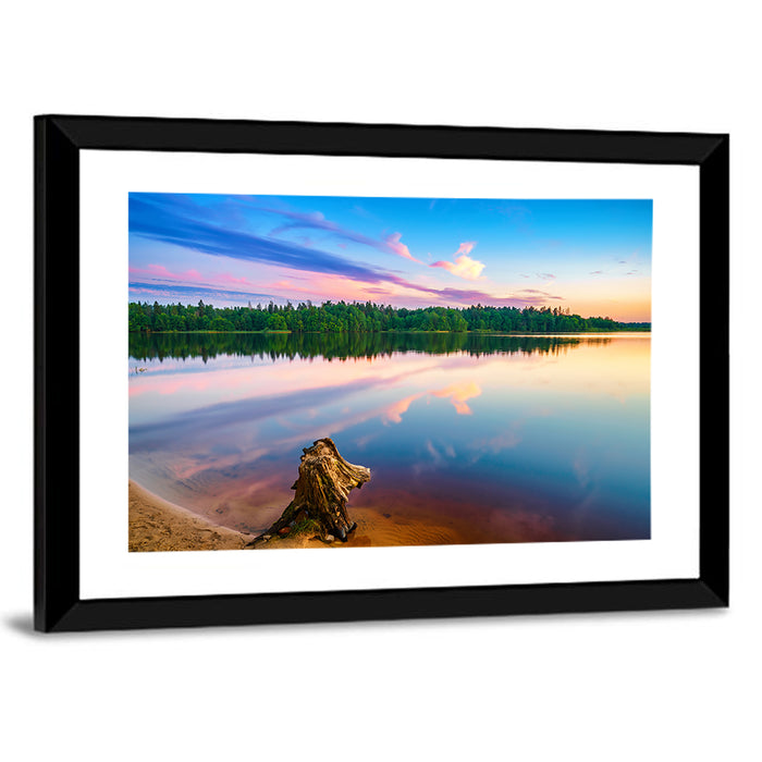 Colorful Sunset Over Forest Lake Wall Art as a framed print