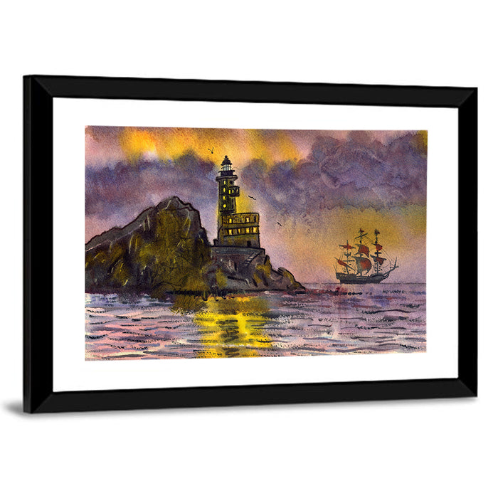 Lighthouse and Sailing Ship at Dusk Wall Art as a framed print
