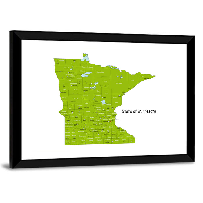 Green Minnesota County Map Wall Art as a framed print