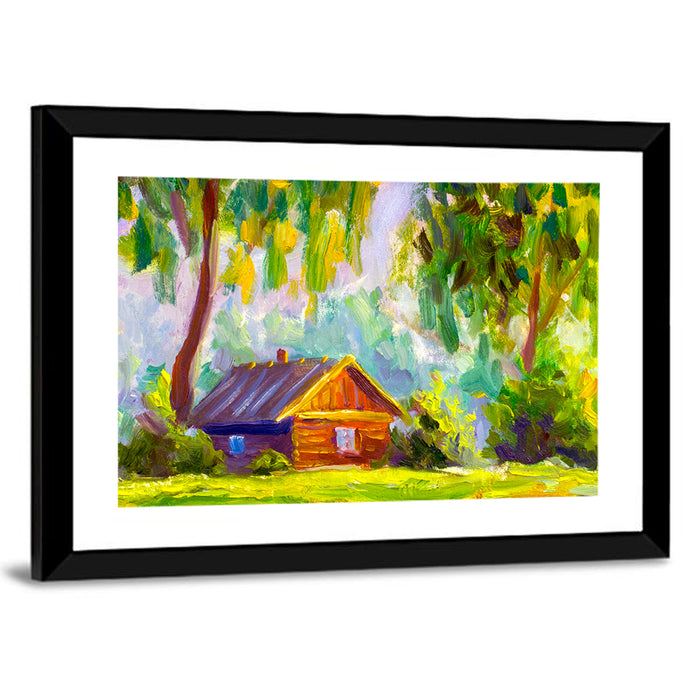 Impressionist Log Cabin in Green Forest Wall Art as a framed print