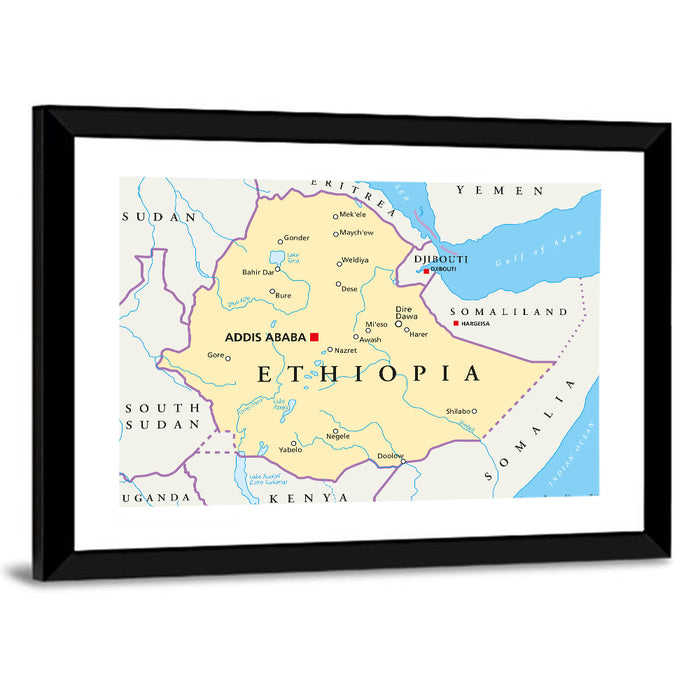 Ethiopia Political Map Wall Art as a framed print