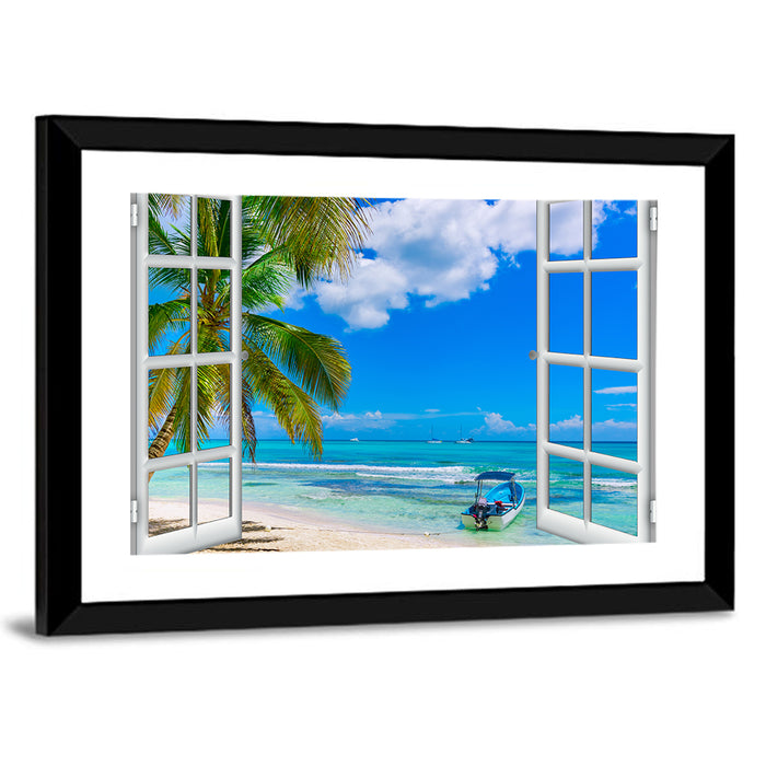 Tropical Ocean View Through Window Wall Art as a framed print