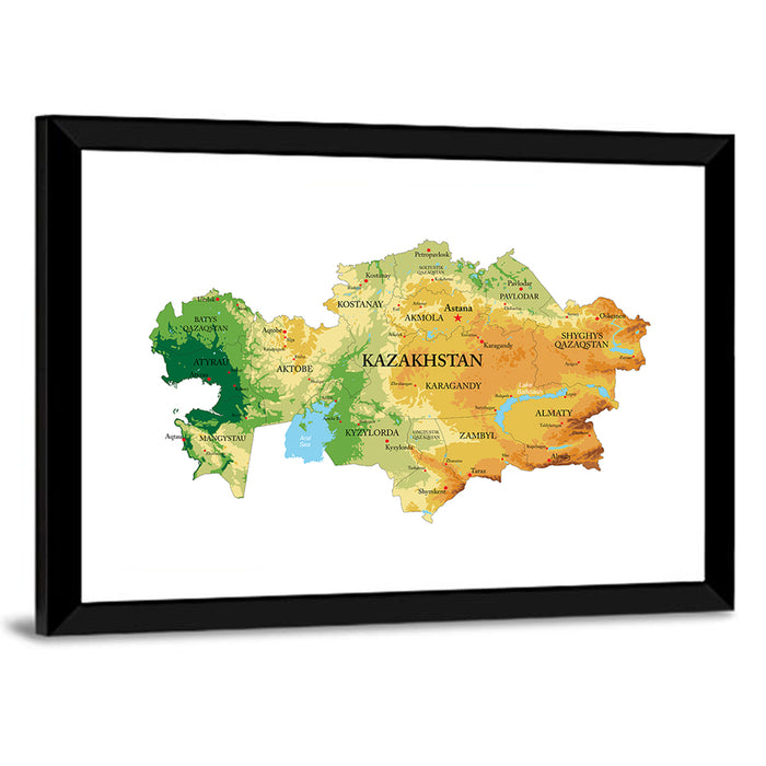 Kazakhstan Relief Map, Color-coded Terrain Wall Art as a framed print