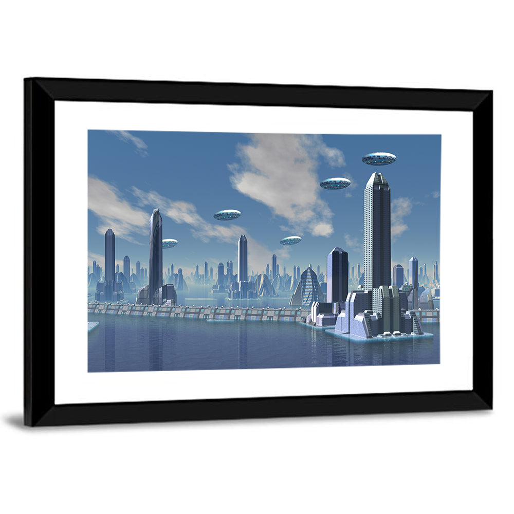 UFO Over Futuristic Alien City Wall Art