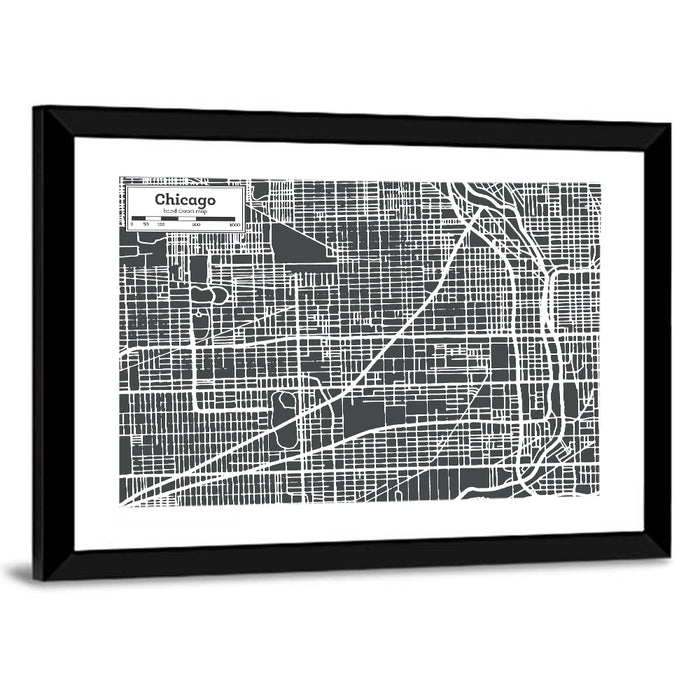 Chicago Street Grid Map Wall Art as a framed print