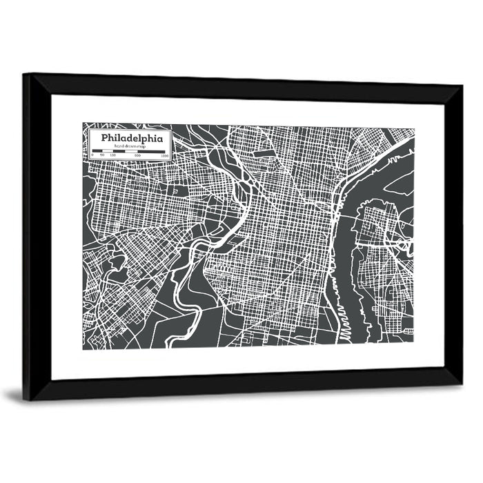 Philadelphia Street Grid Map Wall Art as a framed print