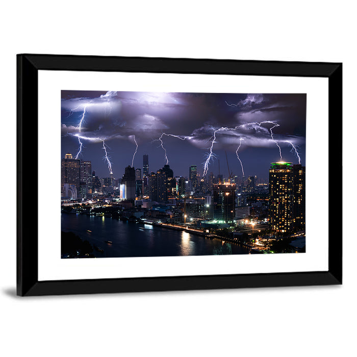 Night Lightning Over River Skyline Wall Art as a framed print