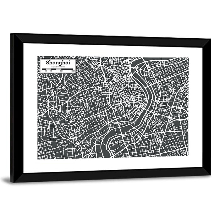 Shanghai Street Grid Map Wall Art as a framed print