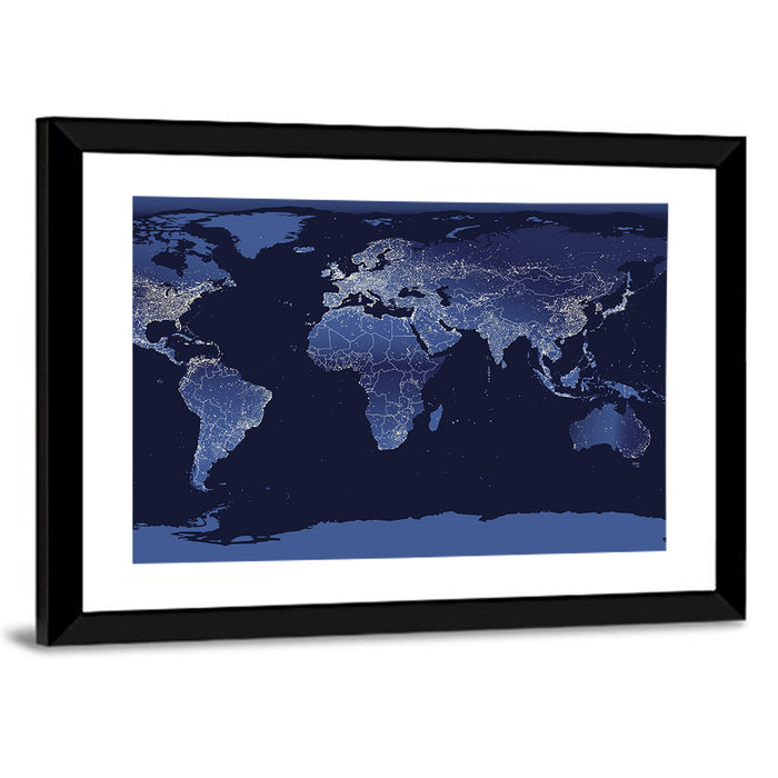 Global Night Lights Map Wall Art as a framed print