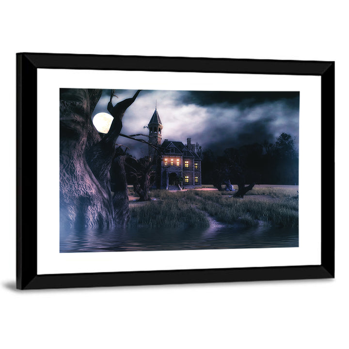Moonlit Haunted House Wall Art