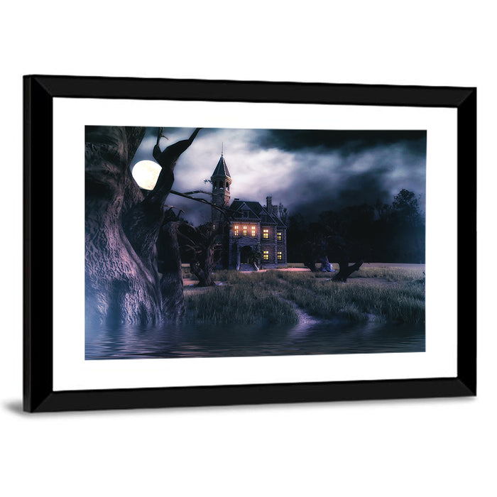 Moonlit Haunted House Wall Art as a framed print