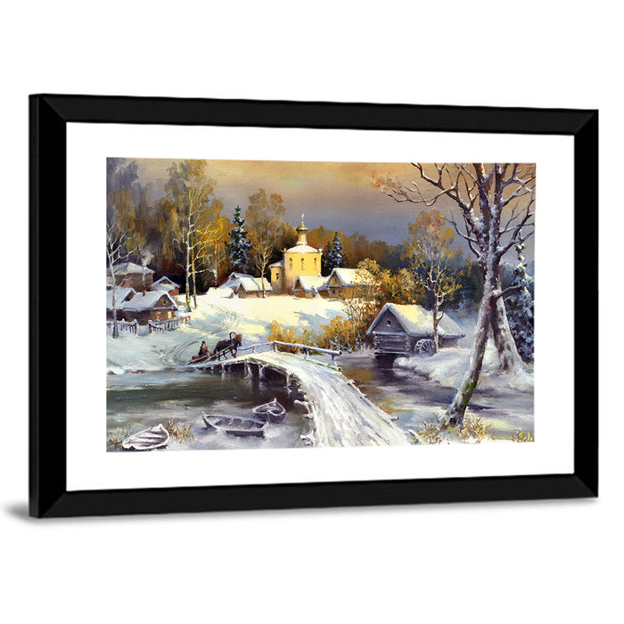 Snowy Village Bridge Wall Art as a framed print