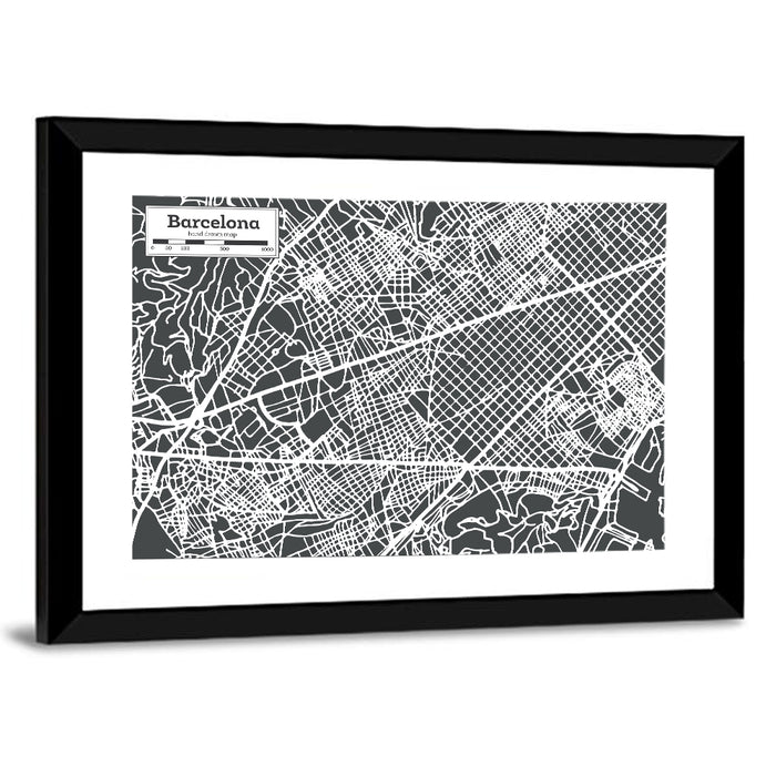 Barcelona Street Grid Map Wall Art as a framed print
