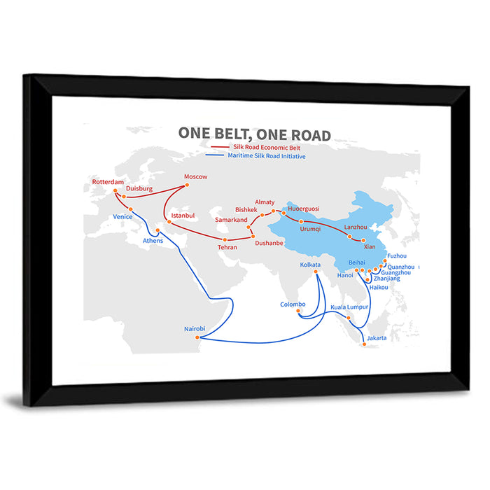 Modern Silk Road Map Wall Art as a framed print