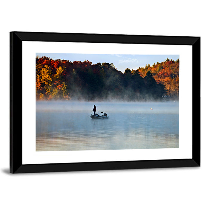 Misty Lake Fisherman Silhouette Wall Art as a framed print