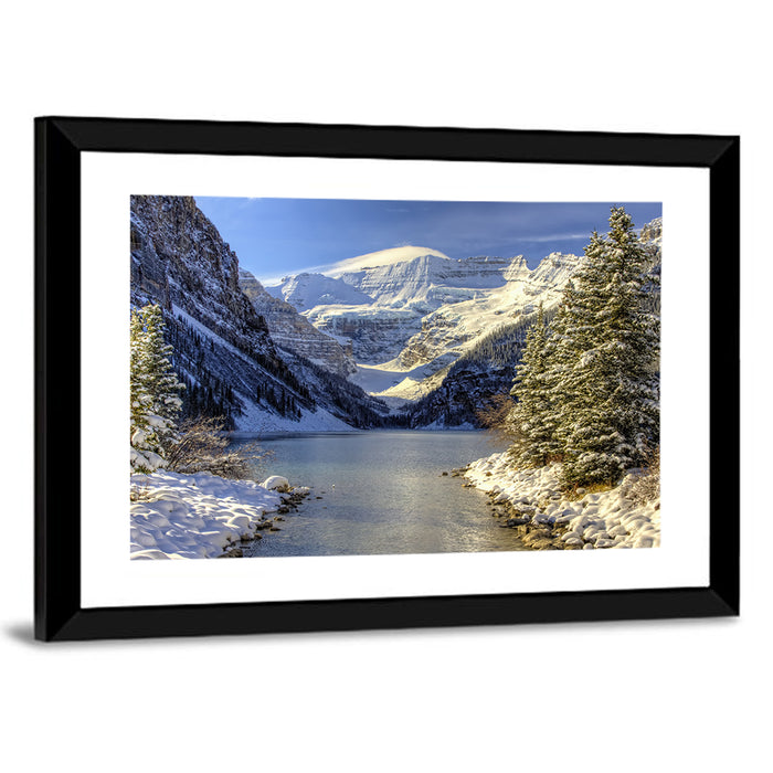 Lake Louise Snowy Shoreline Wall Art as a framed print