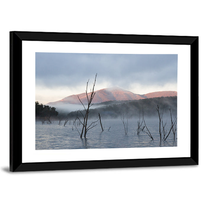 Lake Eildon Morning Mist Wall Art as a framed print