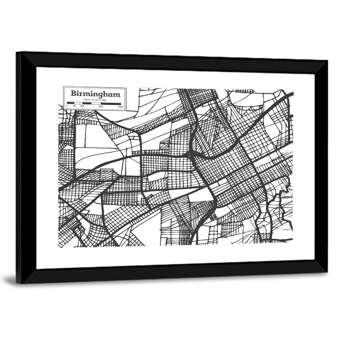 Birmingham Black and White City Map Wall Art as a framed print