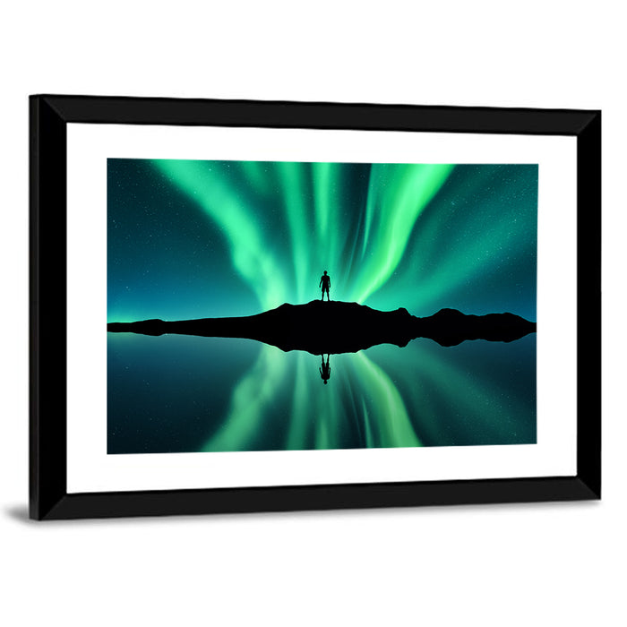 Northern Lights Over Mountain Lake, Norway Wall Art as a framed print