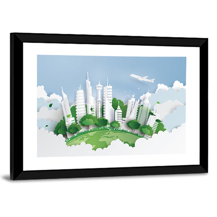Green Globe Cityscape Wall Art as a framed print