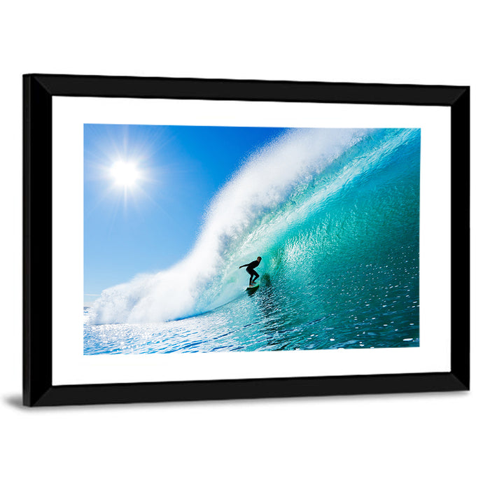 Surfer Inside Blue Barrel Wave Wall Art as a framed print
