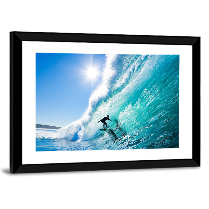 Sunlit Blue Wave with Surfer Wall Art as a framed print