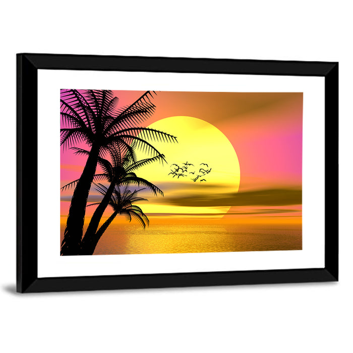 Tropical Sunset with Palm Silhouettes Wall Art as a framed print